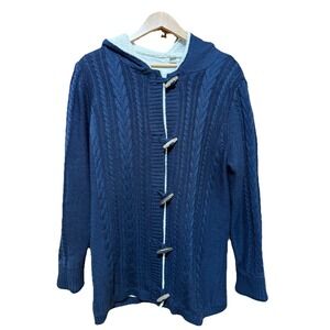 L.L. Bean Blue Double Layer‎ Cable Knit Toggle Hooded Cardigan Sweater Medium